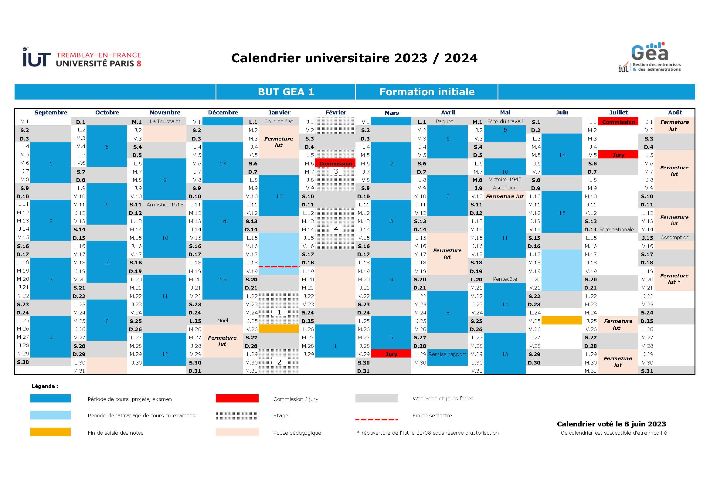 Calendriers universitaires 2023/2024 - IUT de Tremblay-en-France