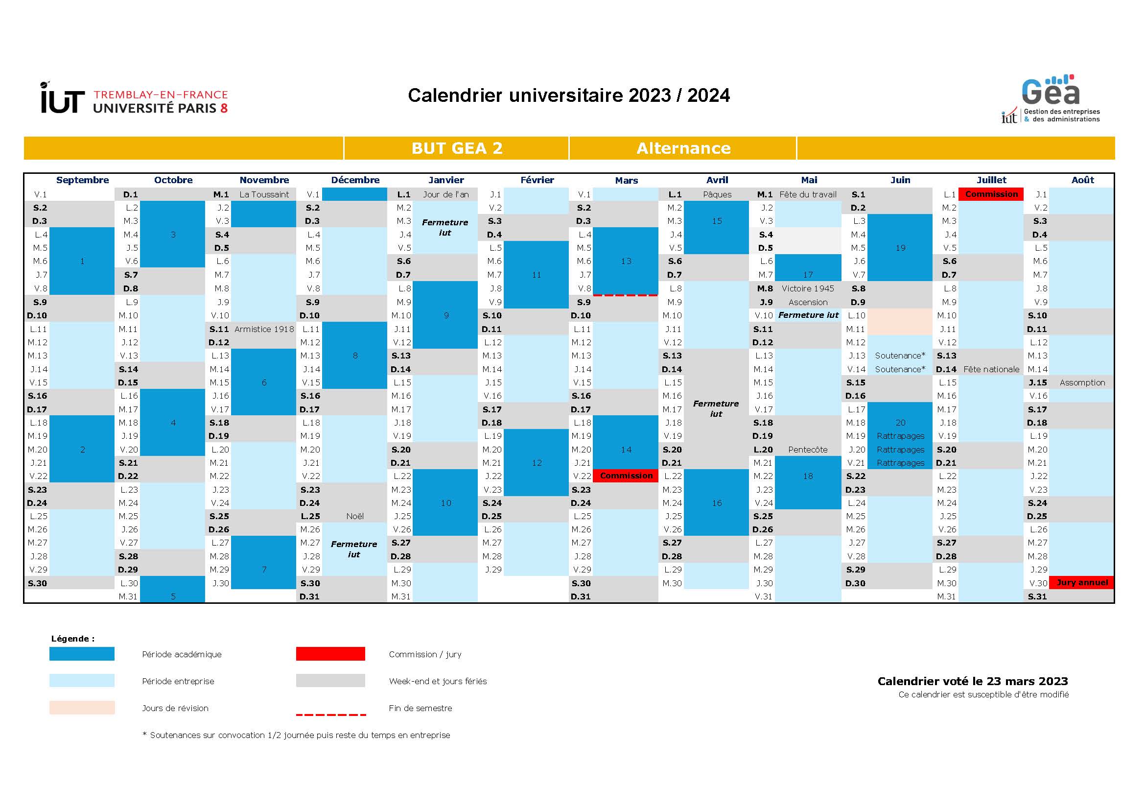 Calendriers universitaires 2023/2024 - IUT de Tremblay-en-France