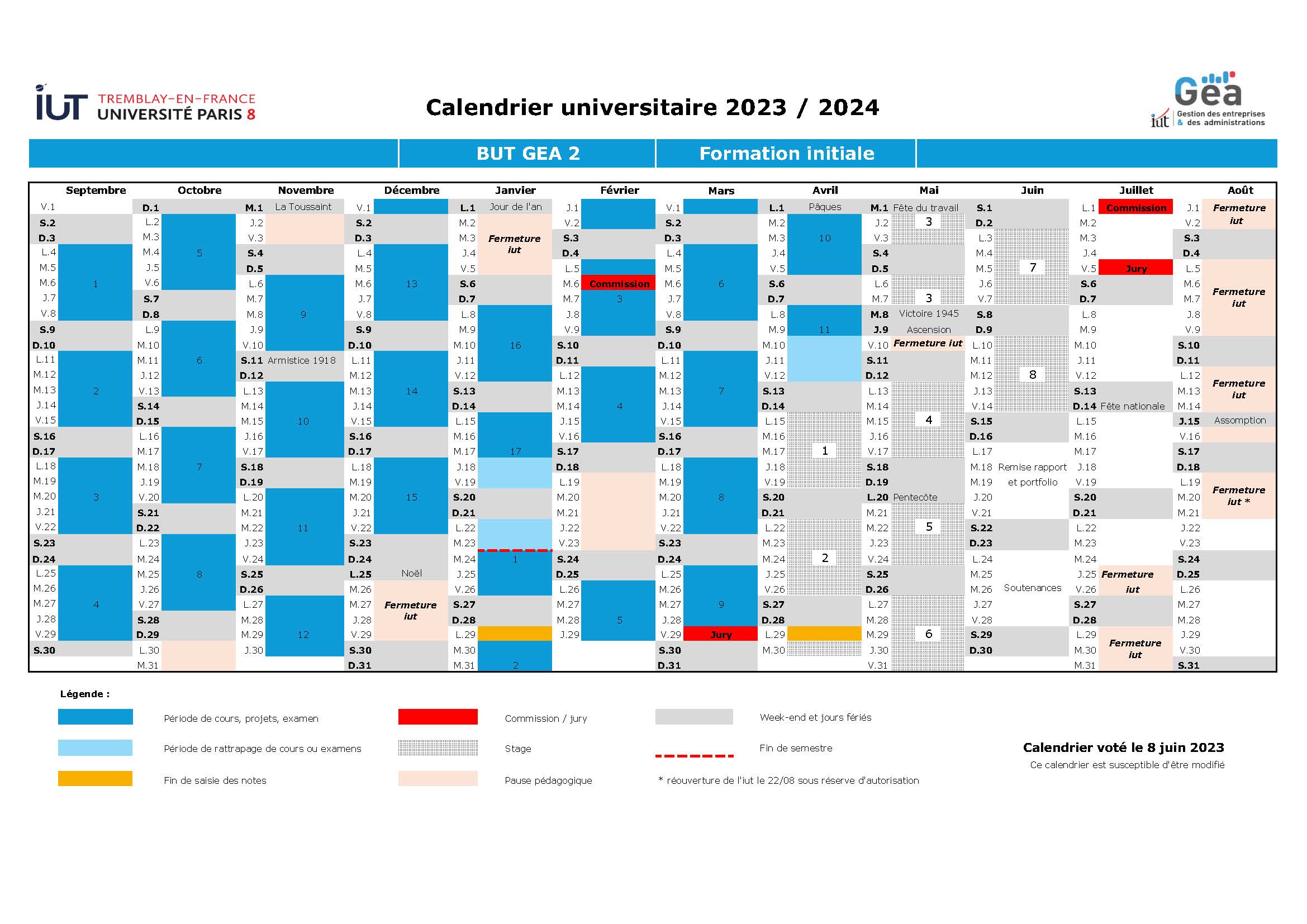 Calendriers universitaires 2023/2024 - IUT de Tremblay-en-France