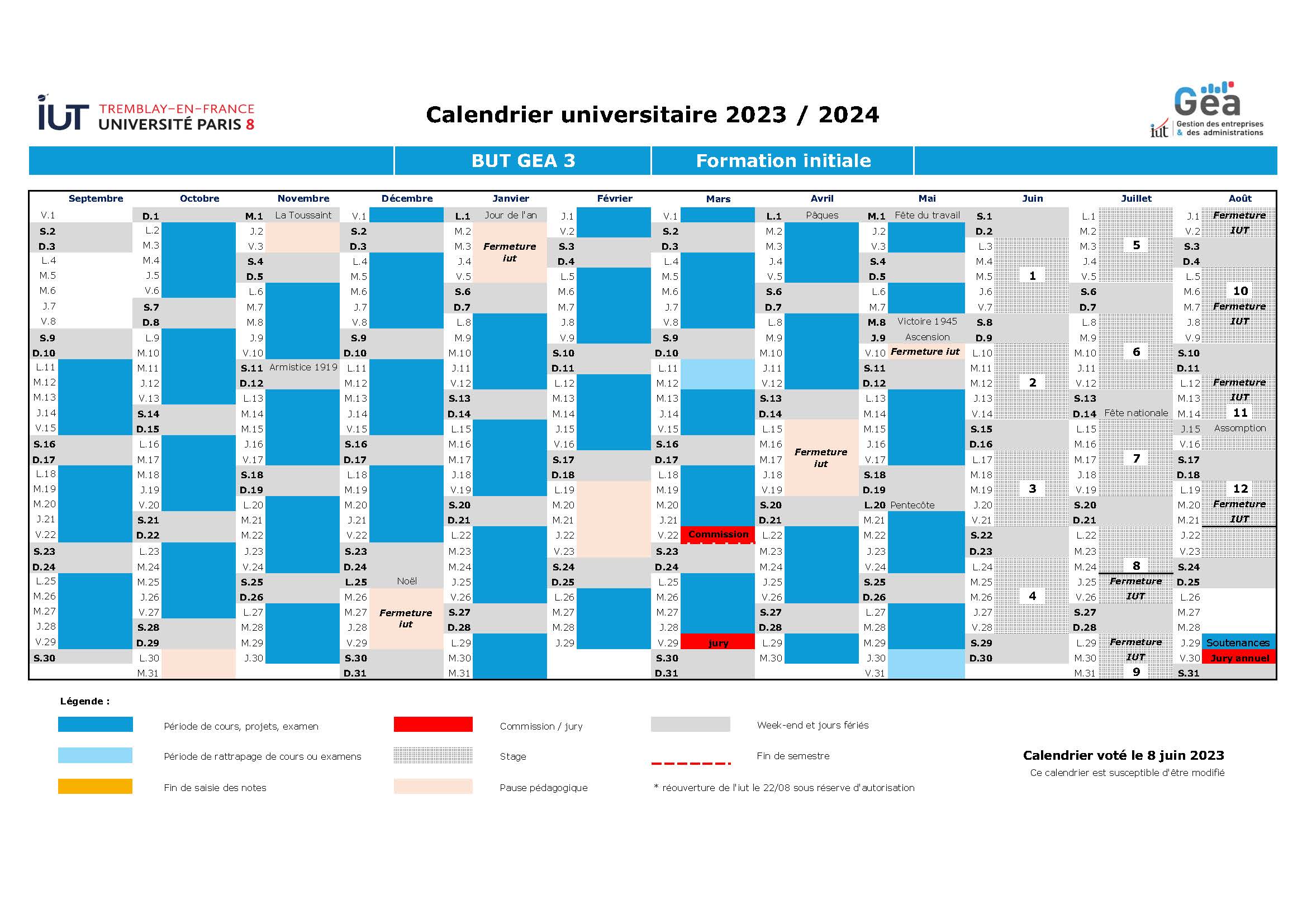 Calendriers universitaires 2023/2024 - IUT de Tremblay-en-France