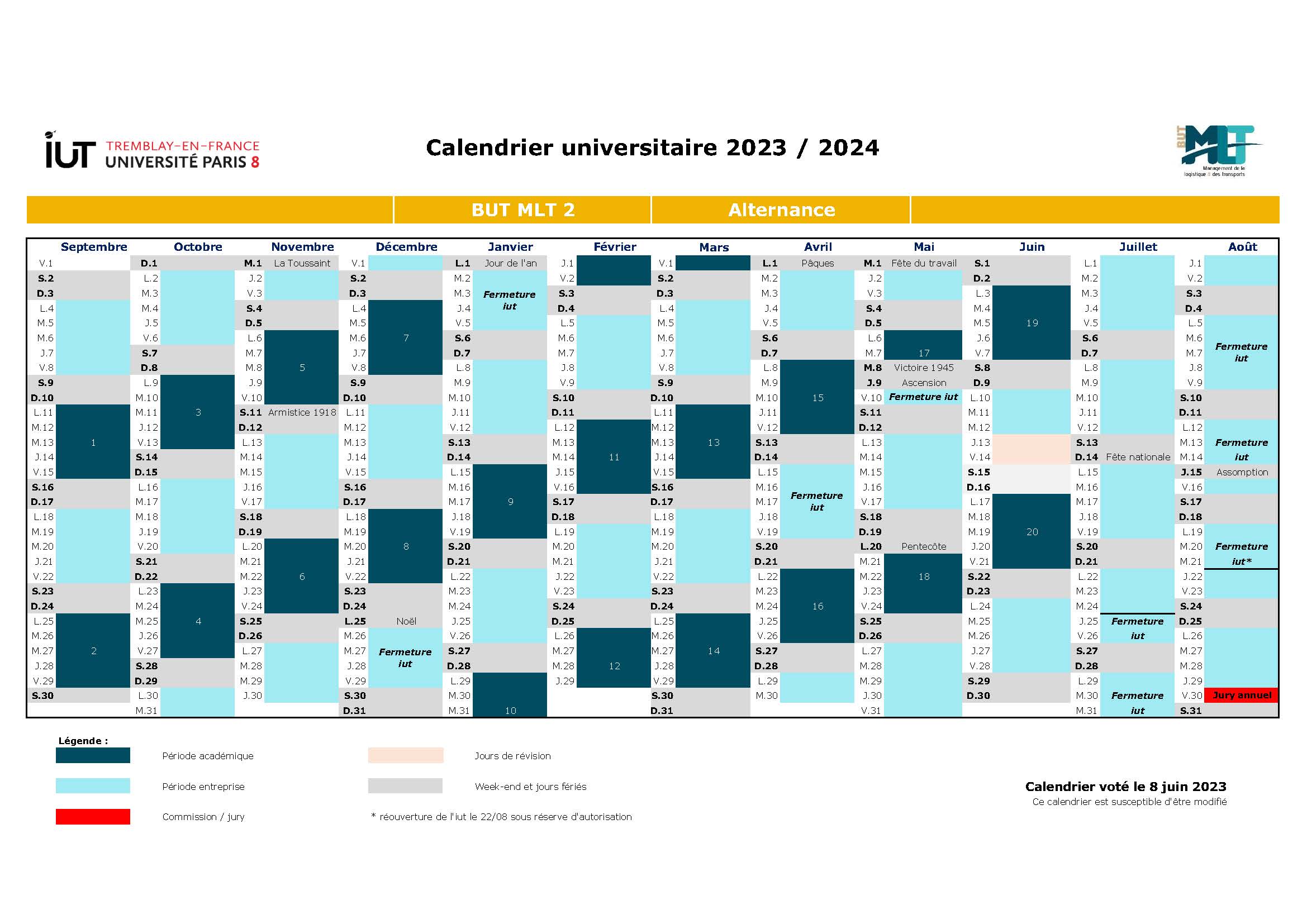 Calendriers universitaires 2023/2024 - IUT de Tremblay-en-France